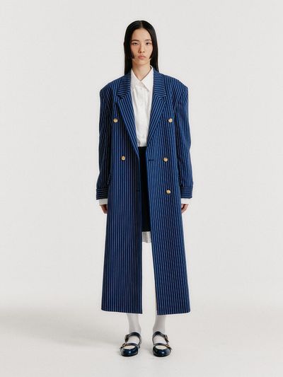 EENK YENNA Asymmetric Long Jacket - Navy Stripe