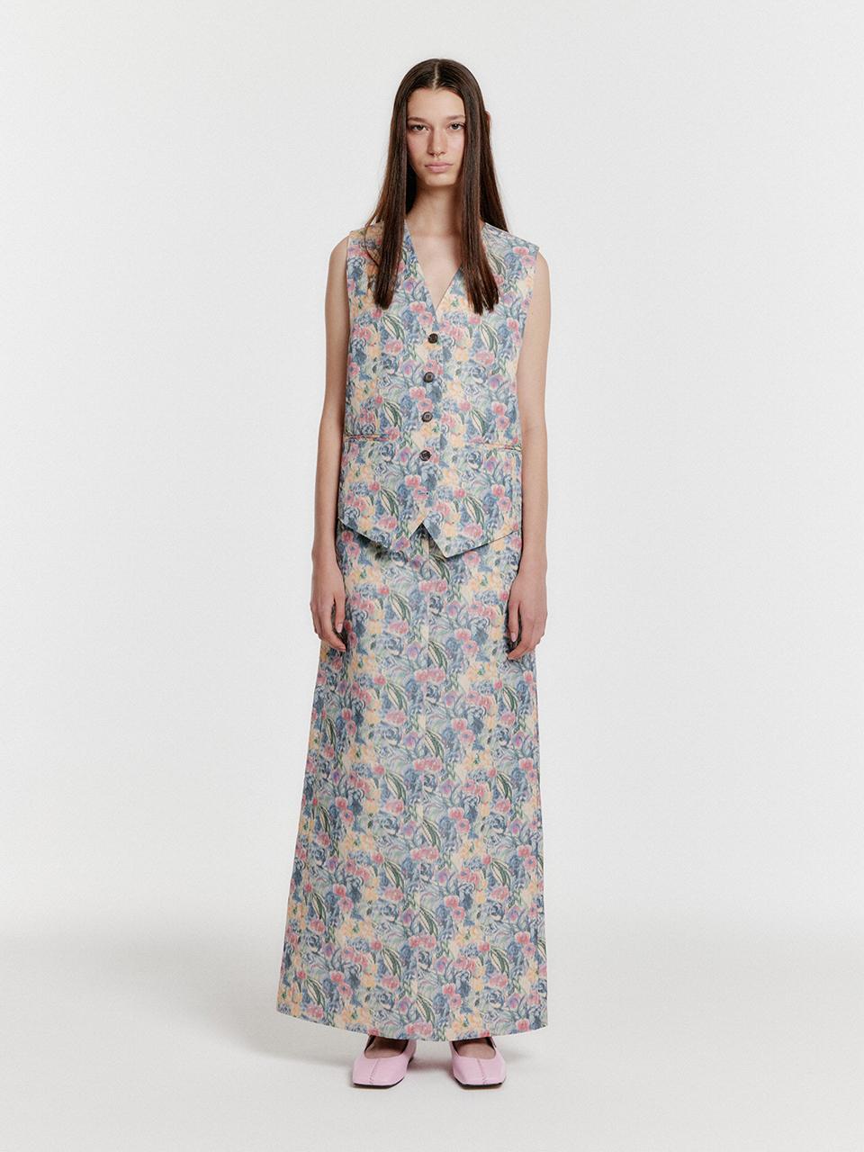 EENK YEXS Floral Maxi Skirt - Cream/Blue Multi