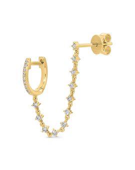 Ef Collection Ef Collection 14K Yellow Gold Diamond Mini Huggie & Prong Set Double Pierced Single Chain Earring, 0.17 tcw