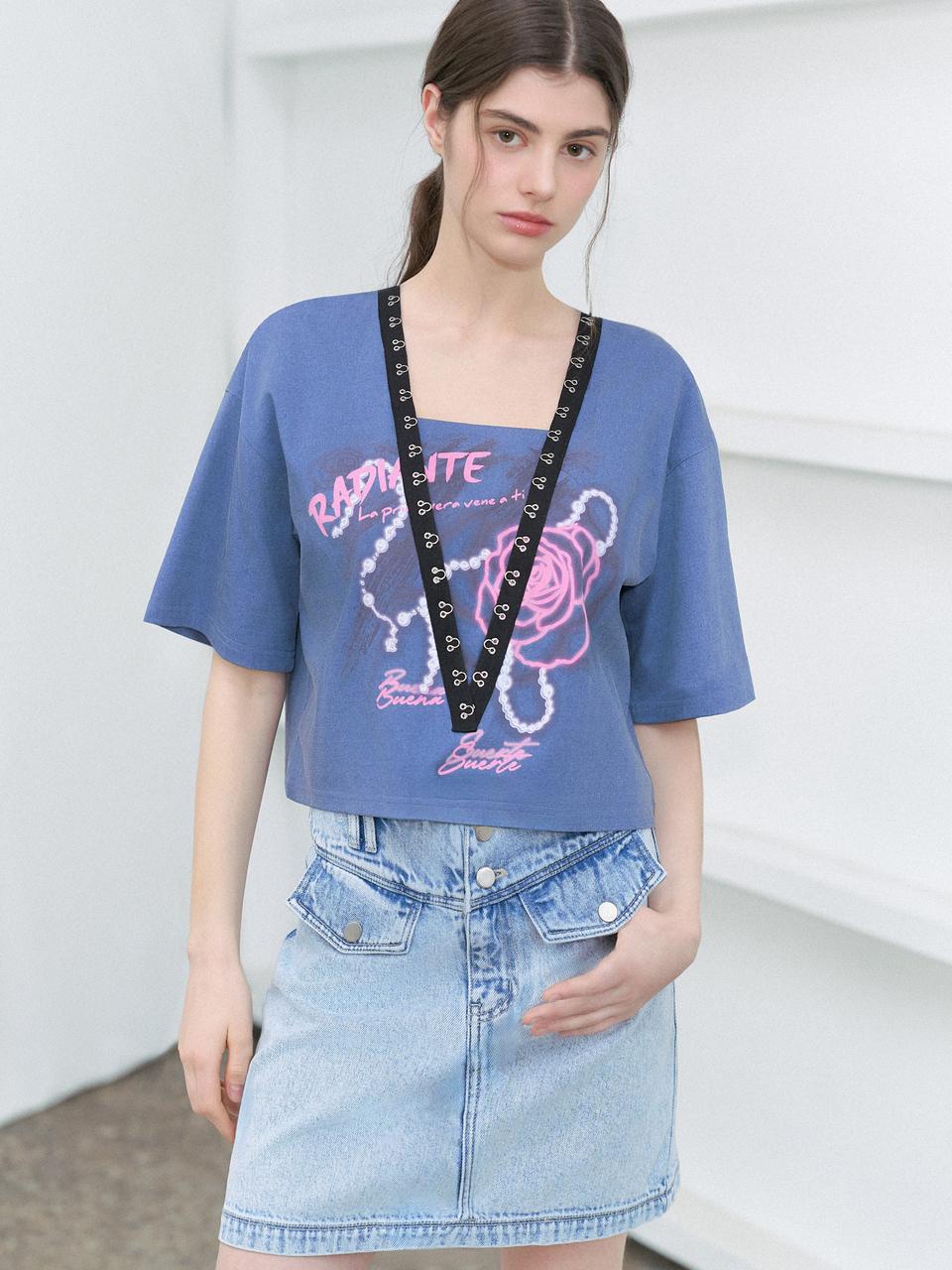 EGOIST Heritage Hook Tape Point Printing Short Sleeve Cotton T-shirt (ER2CH360)