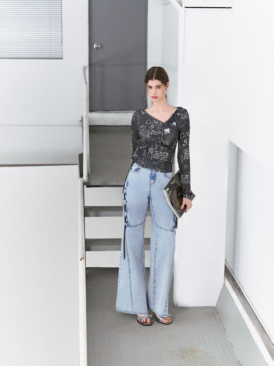 EGOIST Heritage Lace-up Wide-leg Cotton Denim Pants (ER2DP361)