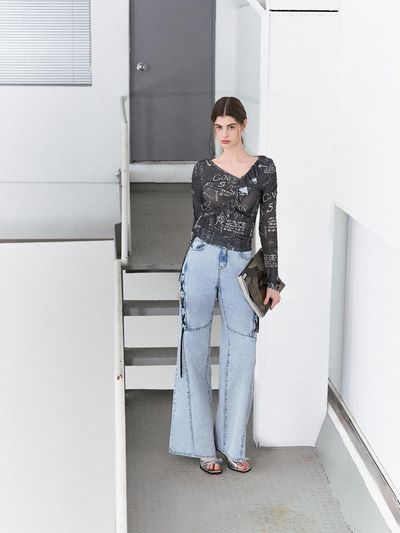 EGOIST Heritage Lace-up Wide-leg Cotton Denim Pants (ER2DP361)