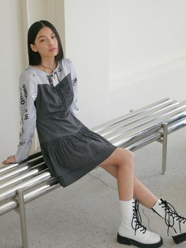 EGOIST Printed Mixed Material Shirred Volume Dress (ER1WO260)