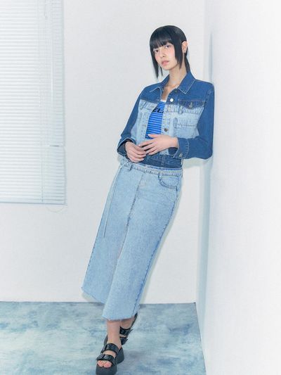 EGOIST Two-Tone Front Slit Long Denim Skirt (ER2DS361)
