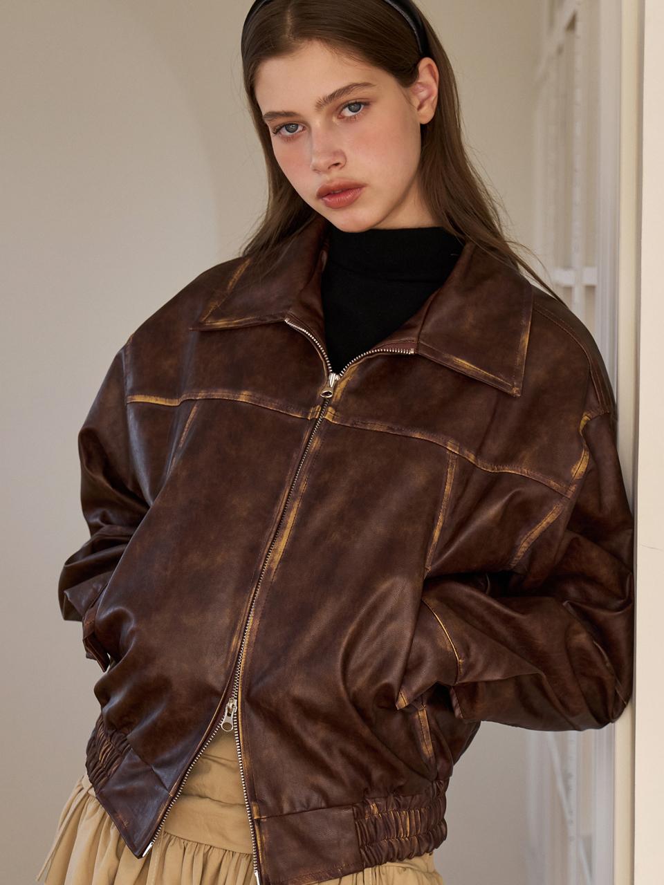 EIGHT DAYS A WEEK Washing Leather Bomber Jacket Brown AD340
