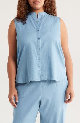 Eileen Fisher Eileen Fisher Sleeveless Band Collar Chambray Button-Up Shirt