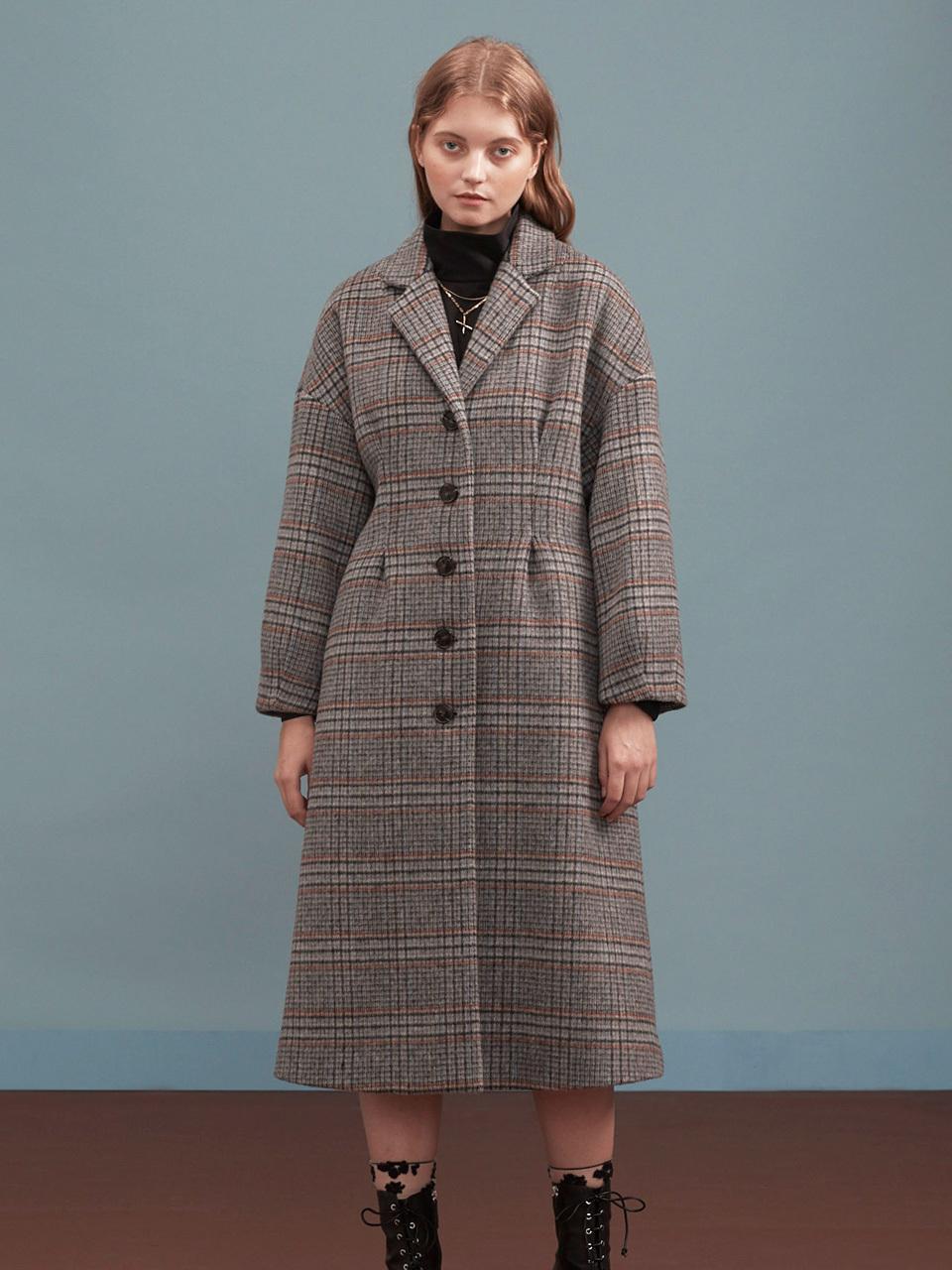 EJnolee Check Long Button Details Coat [Black]