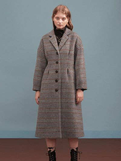 EJnolee Check Long Button Details Coat [Black]