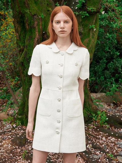 EJnolee EJnolee Flame Petal Collar Tweed Dress [White]
