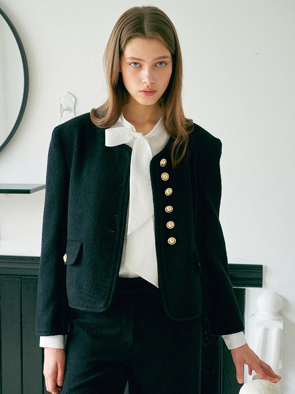 EJnolee EJnolee White Flame Gold Buttons Tweed Blazer [Black]