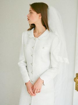 EJnolee Made to Order EJnolee White Flame Petal Collar Tweed Dress [White]
