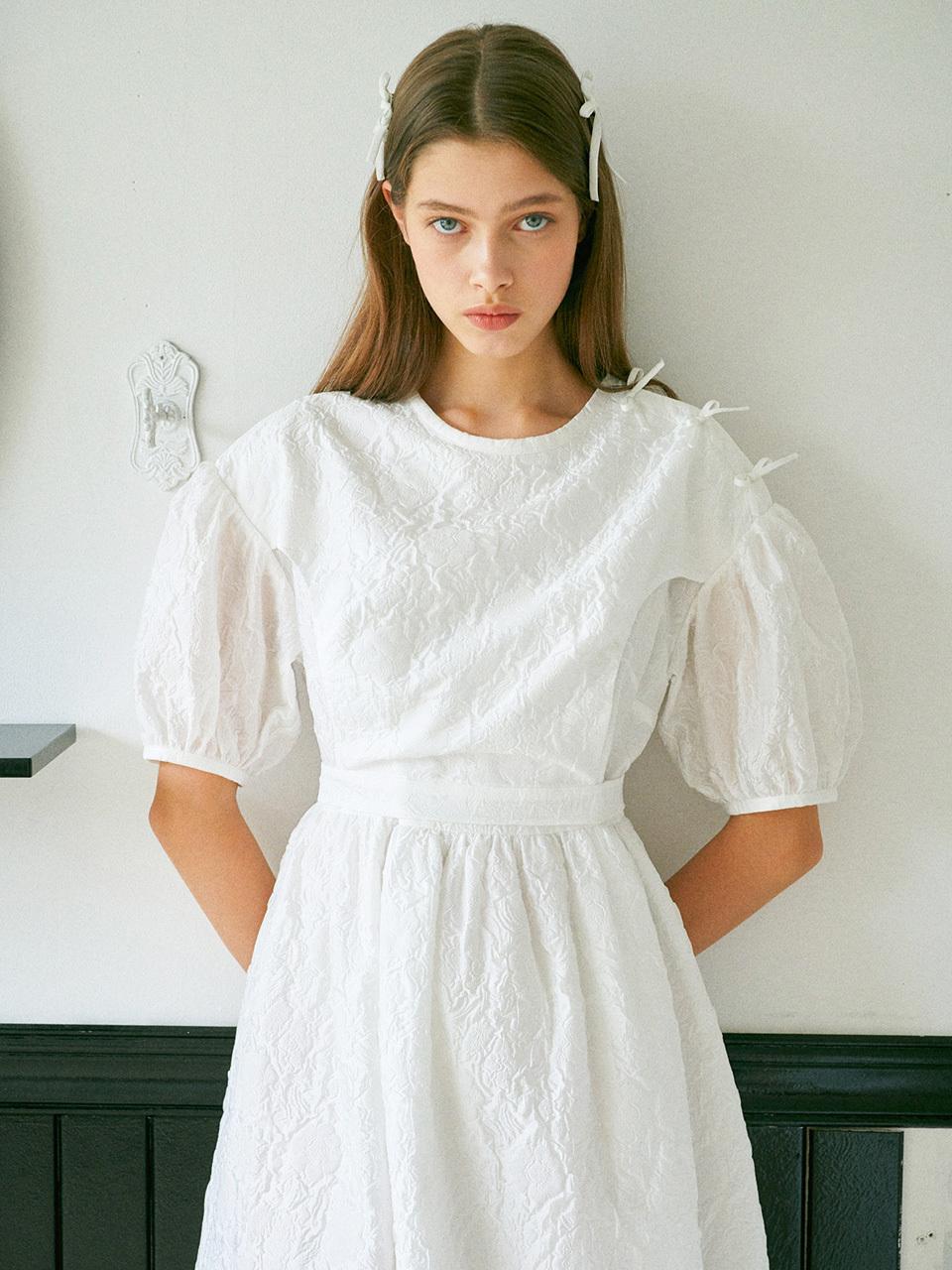EJnolee Made to Order Floral Rounded Midi Dress [White]