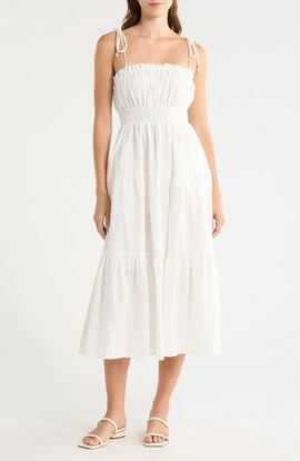 Elan Elan Ruffle Shirred Tie Strap Tiered Cotton Seersucker Cover-Up Sundress