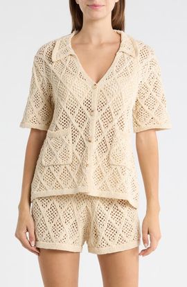 Elan Elan Sheer Open Stitch Cover-Up Button-Up Shirt