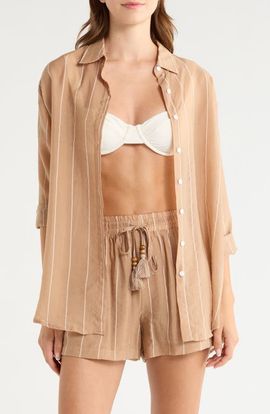 Elan Elan Stripe Oversize Cotton Button-Up Cover-Up Shirt