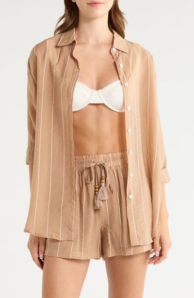Elan Elan Stripe Oversize Cotton Button-Up Cover-Up Shirt