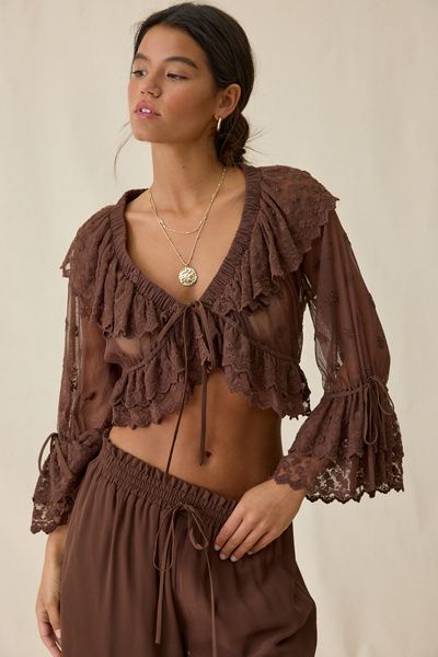 Elevator Disco Elevator Disco Eleanor Sheer Lace Ruffle Bell Sleeve Crop Top in Brown, Women's at Urban Outfitters
