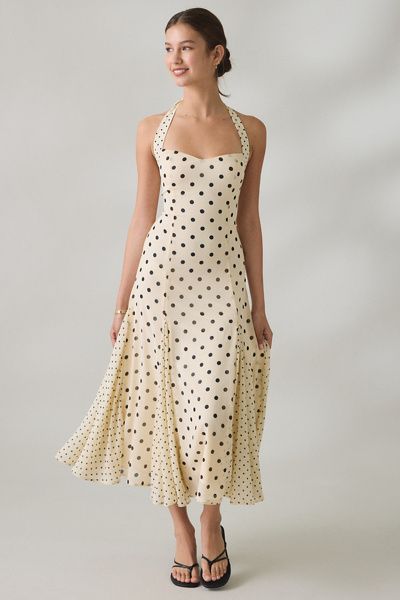 Elevator Disco Elevator Disco One Of A Kind Polka Dot Halter Midi Dress in White, Women's at Urban Outfitters