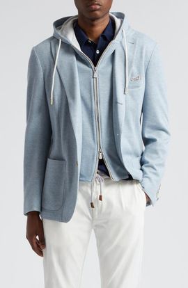 Eleventy Eleventy Cotton & Cashmere Twill Blazer with Removable Hooded Bib