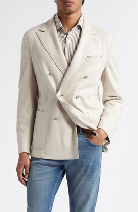 Eleventy Eleventy Double Breasted Tan Knit Wool Blend Peak Lapel Sport Coat