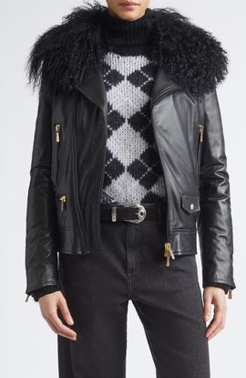 Eleventy Eleventy Genuine Shearling Collar Leather Biker Jacket