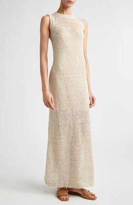 Eleventy Eleventy Metallic Linen, Cotton & Silk Blend Pointelle Maxi Sweater Dress