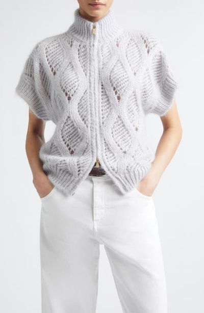 Eleventy Eleventy Open Stitch Short Sleeve Mohair & Silk Zip Cardigan