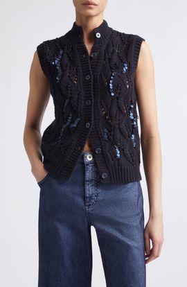 Eleventy Eleventy Sequin Detail Wool Cable Sweater Vest