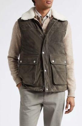 Eleventy Eleventy Suede Vest with Faux-Fleece Collar