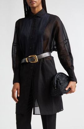 Eleventy Eleventy Tunic Cotton Gauze Button-Up Tuxedo Shirt
