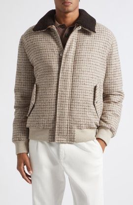 Eleventy Eleventy Wool Blend Bomber Jacket with Genuine Shearling Collar