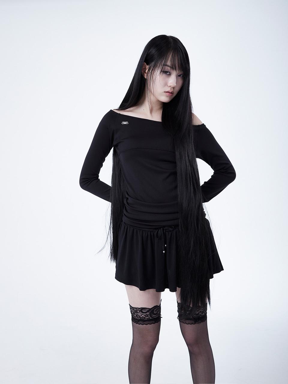 elfelfelfarchives Shirring Metal Logo Elegant Dress [Black]