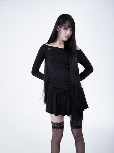 elfelfelfarchives Shirring Metal Logo Elegant Dress [Black]