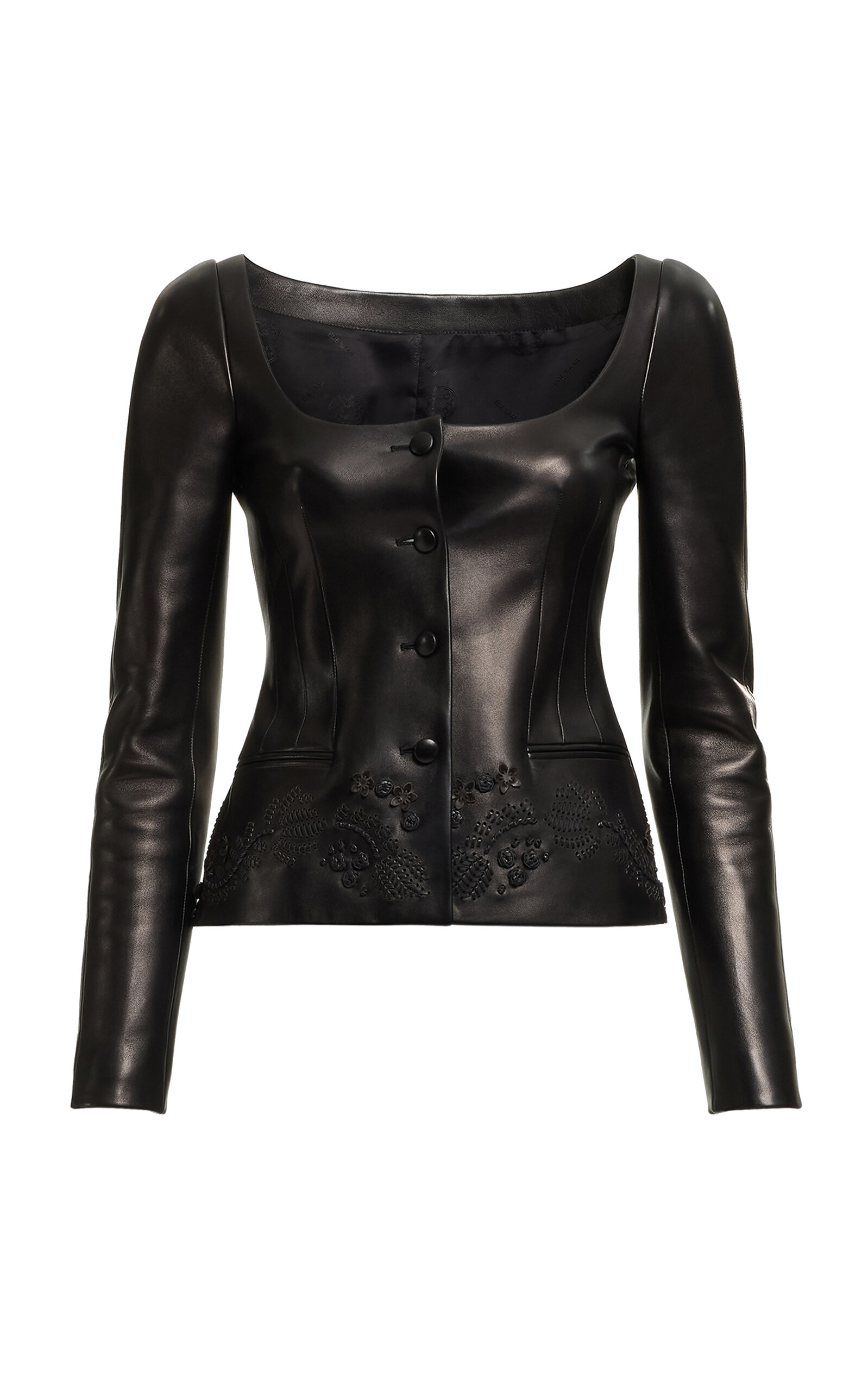 Elie Saab Elie Saab Embroidered Leather Scoop Neck Jacket