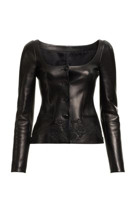 Elie Saab Elie Saab Embroidered Leather Scoop Neck Jacket