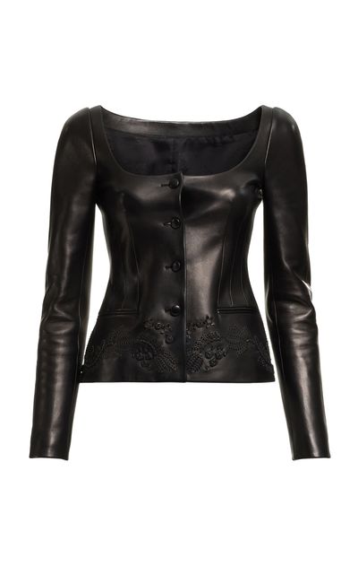 Elie Saab Elie Saab Embroidered Leather Scoop Neck Jacket