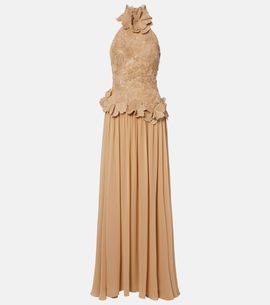 Elie Saab Elie Saab Raffia-trimmed silk-blend tulle gown