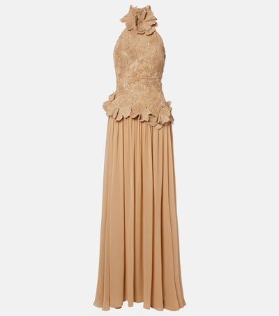 Elie Saab Elie Saab Raffia-trimmed silk-blend tulle gown