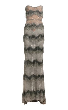 Elie Saab Elie Saab Tiered BeadedFringe SilkBlend Maxi Dress