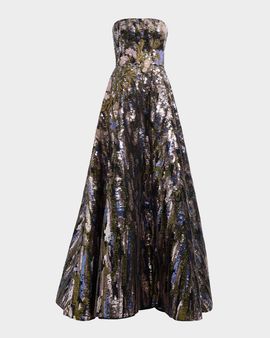 Elie Saab Floral Sequined Strapless A-Line Gown