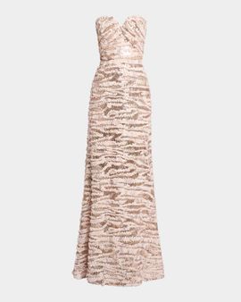 Elie Saab Sequined Chiffon Ruffled Strapless Gown