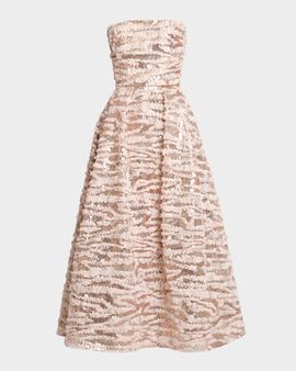 Elie Saab Sequined Chiffon Ruffled Strapless Tea-Length Dress