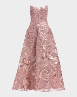 Elie Saab Strapless Floral Sequined Tea-Length Gown