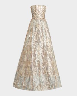 Elie Saab Strapless Sequin Embroidered A-Line Gown