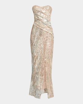 Elie Saab Strapless Sequin Embroidered Draped Slit Gown