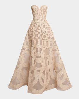 Elie Saab Strapless Sequin Embroidered Tulle Gown