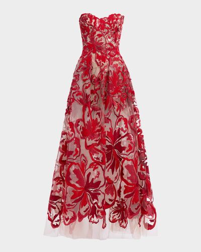 Elie Saab Strapless Sequined Velvet Floral Tulle Gown