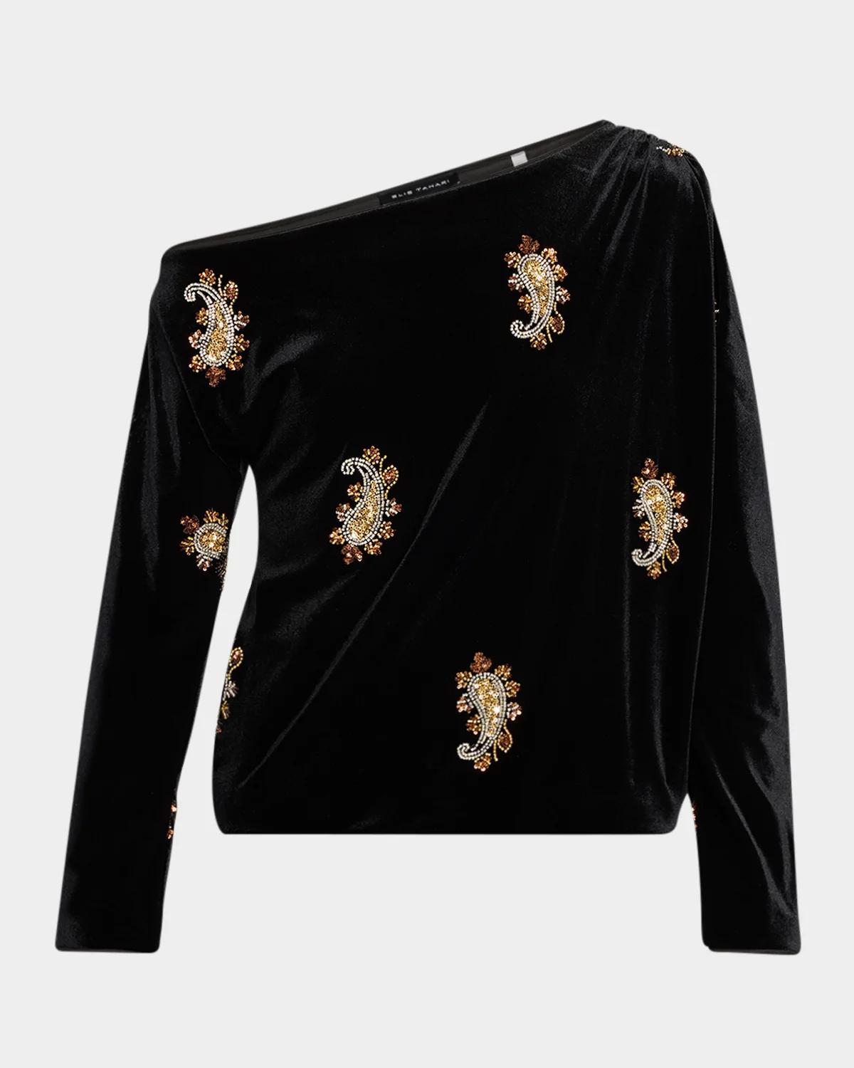 Elie Tahari Beaded Paisley Off-Shoulder Velvet Top