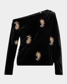 Elie Tahari Beaded Paisley Off-Shoulder Velvet Top