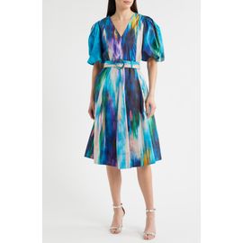 Elie Tahari Elie Tahari Miriam Ikat Print Belted Cotton Dress